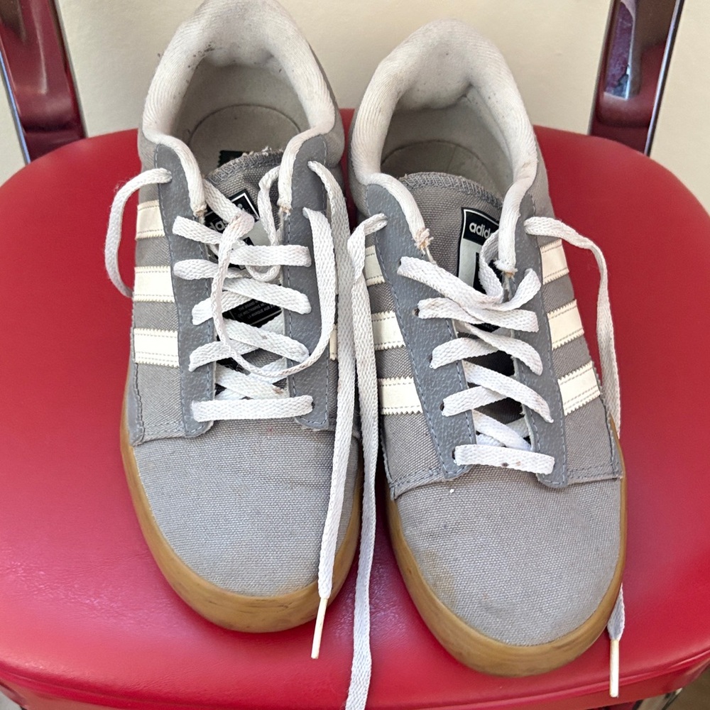 adidas Grey Canvas Sneakers with White Stripes and Gum Sole no box
